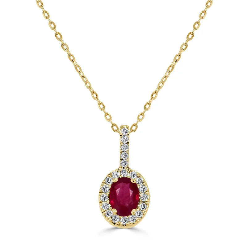 Women’s pendant necklaces-14K Gold, Ruby & Diamond Oval Pendant