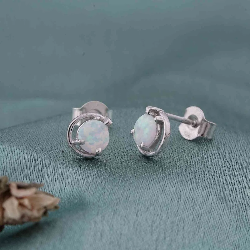 Women’s artistic earrings-Silver Classy Solitaire Opal Studs