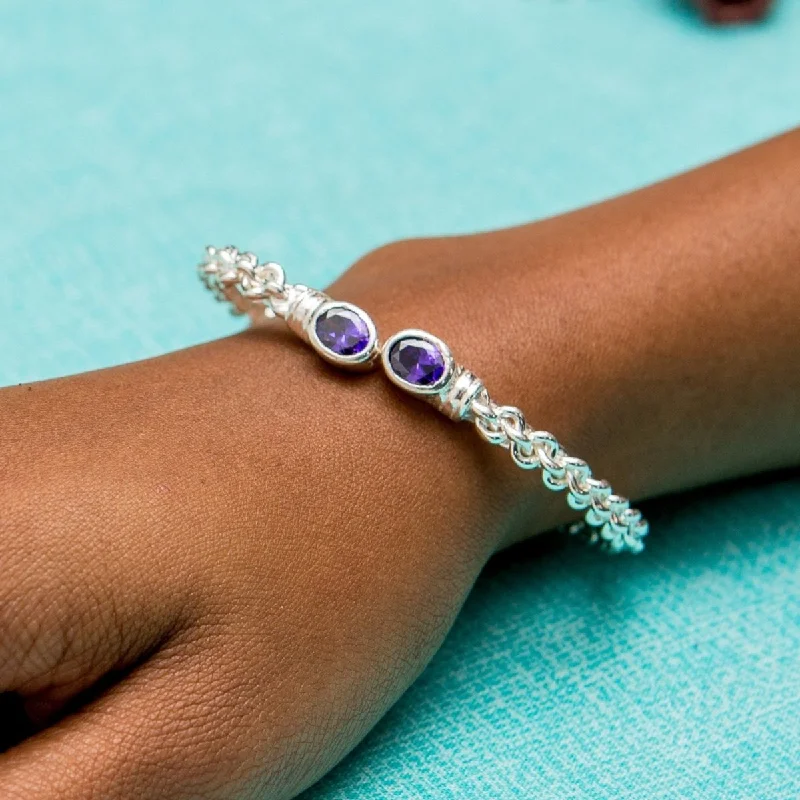 Women’s statement cuff bracelets-Braided Flexible Bangle with Lab Created Amethyst February Birthstone