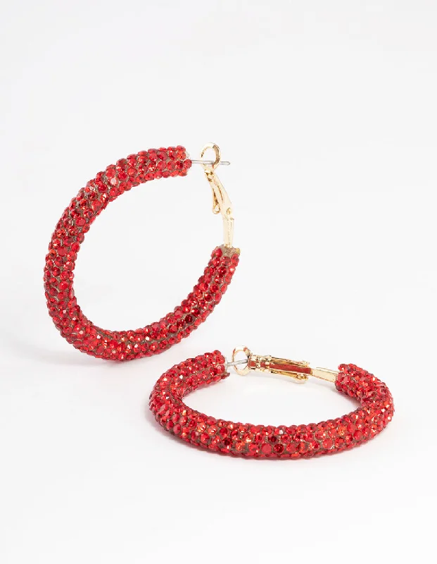 Women’s birthstone earrings-Gold Rubber Diamante Hoop Earrings