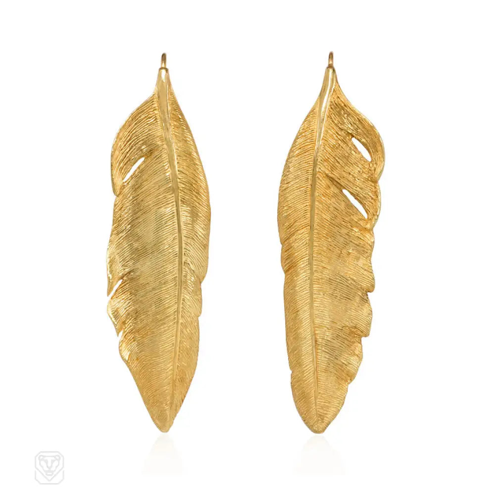 Women’s diamond stud earrings-Gold feather earrings, Angela Cummings