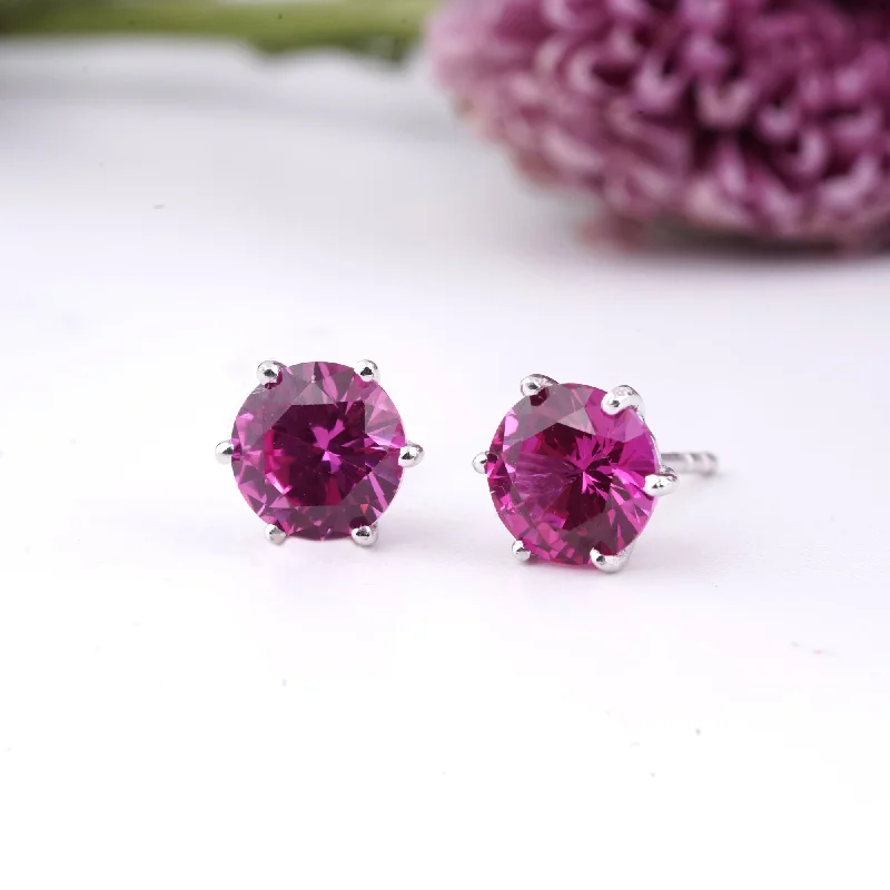 Women’s gold hoop earrings-Sterling Silver Round Pink Ruby Solitaire Stud Earring