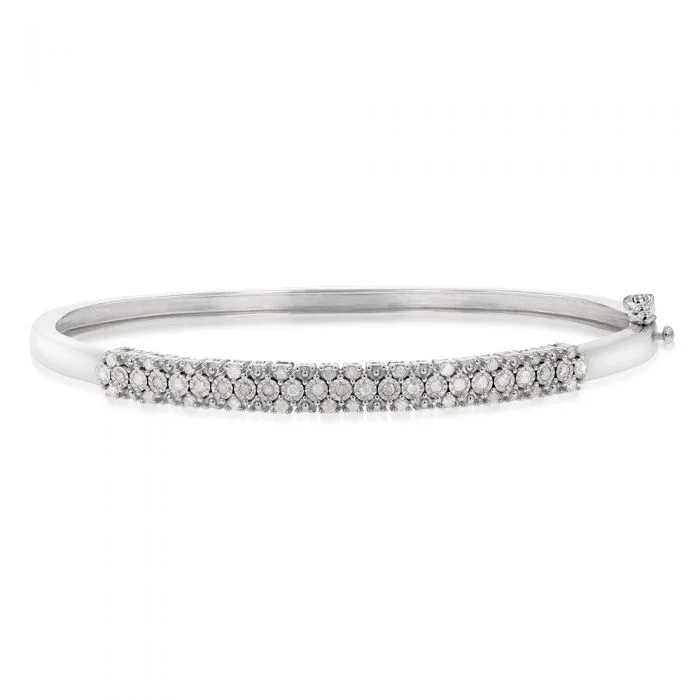 Women’s adjustable bracelets-1/2 Carat Diamond 3 Row 50x60mm Hinge Bangle in Sterling Silver