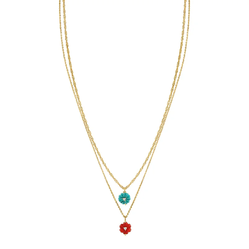 Women’s rose gold necklaces-Double Drop Carved Flower Necklace - White Diamond and Turquoise / 14k Yellow Gold