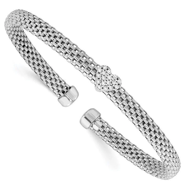 Women’s wedding bangles-Sterling Silver Rhodium-plated Polished CZ Heart Mesh Cuff Bangle