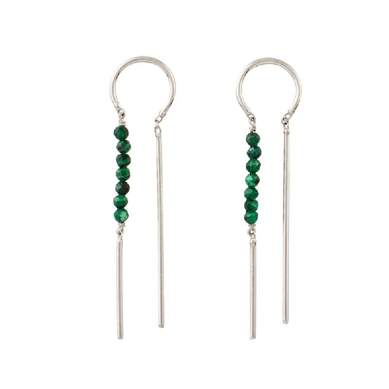 Women’s elegant pearl earrings-Stony Tiny Dancer Threaders in Malachite & Silver - 1 1/2" L