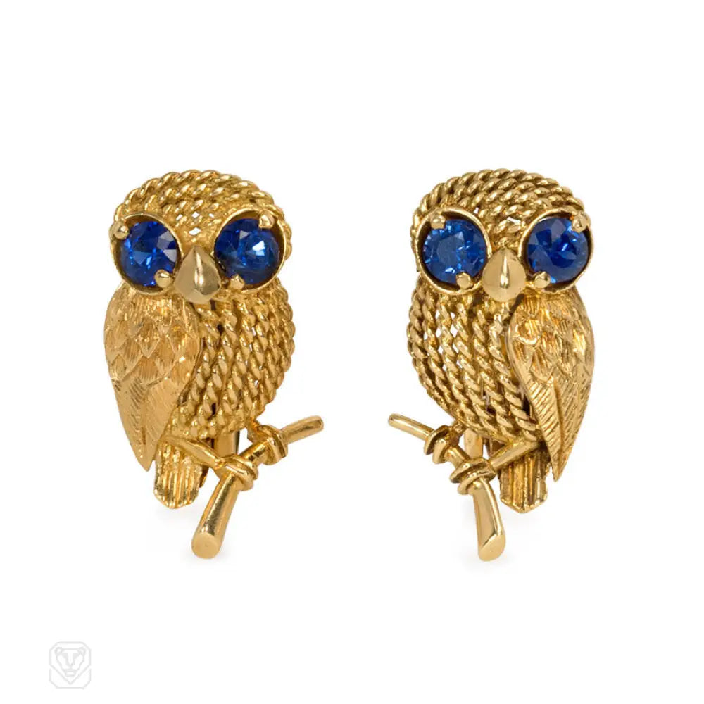 Women’s cute earrings-Gold and sapphire owl earrings, Cartier