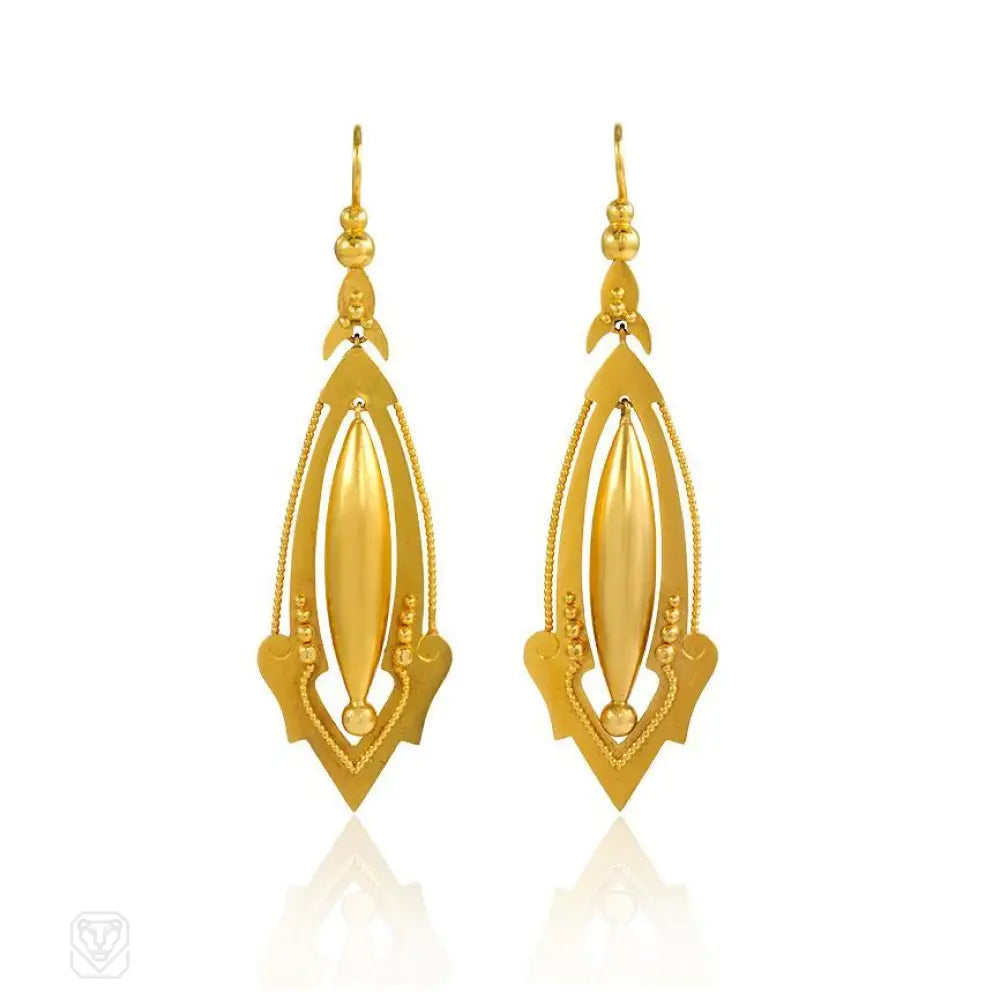 Women’s sapphire earrings-Antique gold navette-shaped earrings