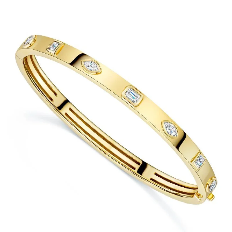 Women’s statement cuff bracelets-18ct Yellow Gold Seven Stone Fancy Cut Diamond Rubover Set Bangle