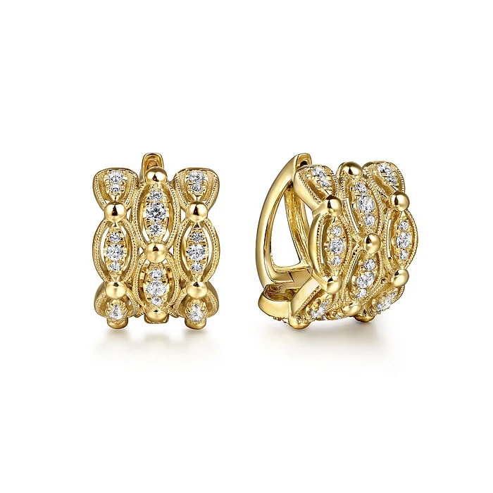 Women’s statement earrings-14K Yellow Gold Bujukan Multi Row Diamond Huggie Earrings