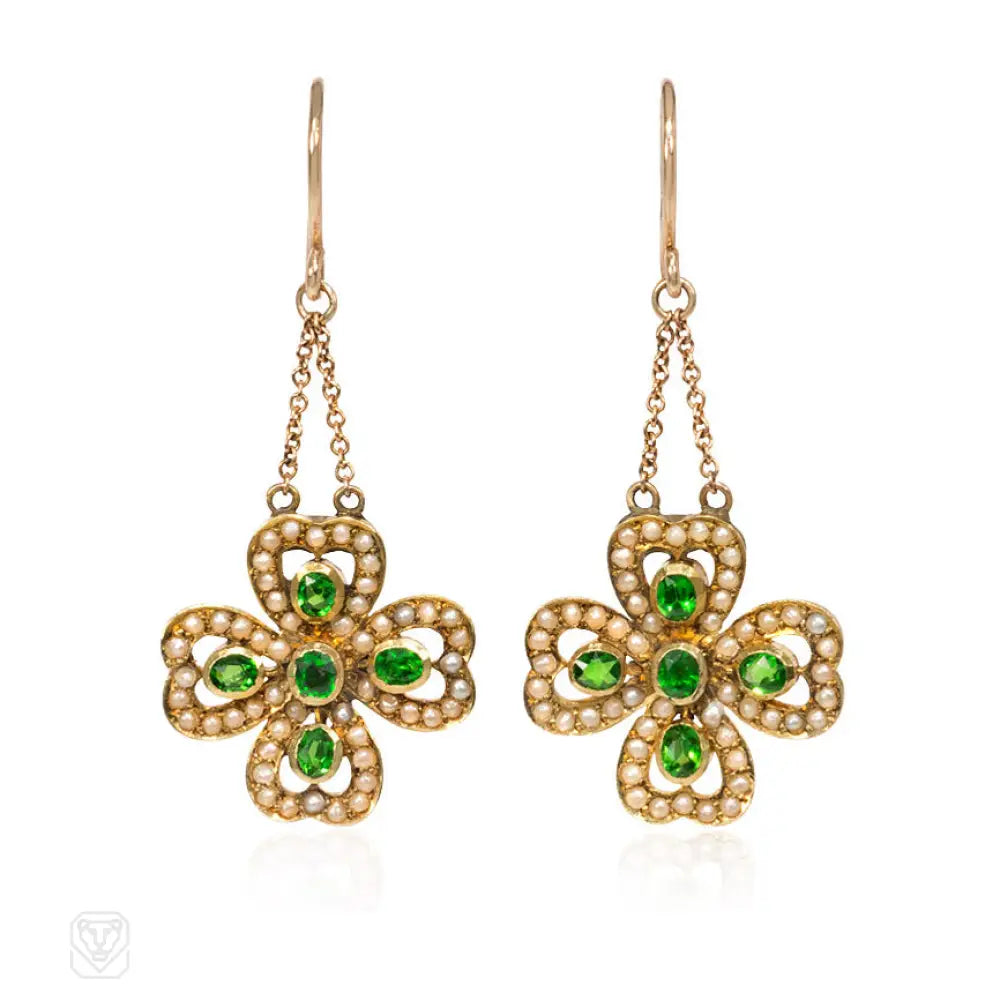 Women’s feather earrings-Antique gold and demantoid garnet clover earrings.