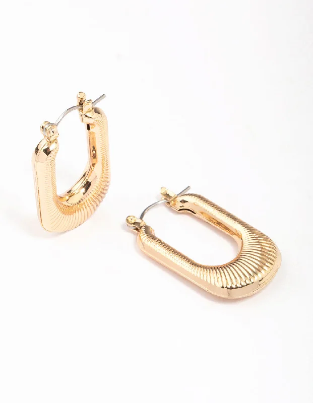 Women’s oversized earrings-Gold Ribbed Rectangular Hoop Earrings