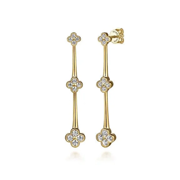 Women’s leaf drop earrings-14K Yellow Gold Graduating Diamond Cluster Stud Drop Earrings