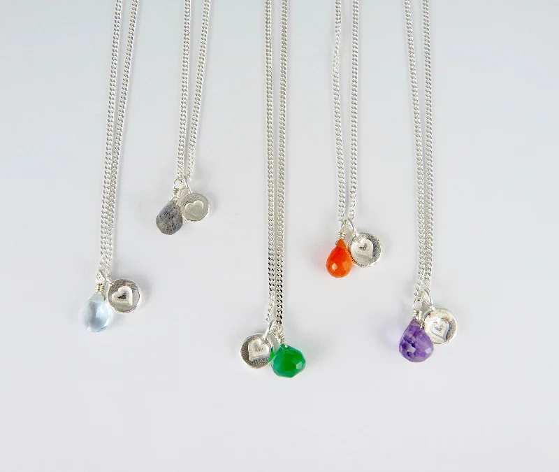 Women’s vintage necklaces-Silver Stamped Heart and Gemstone Necklace