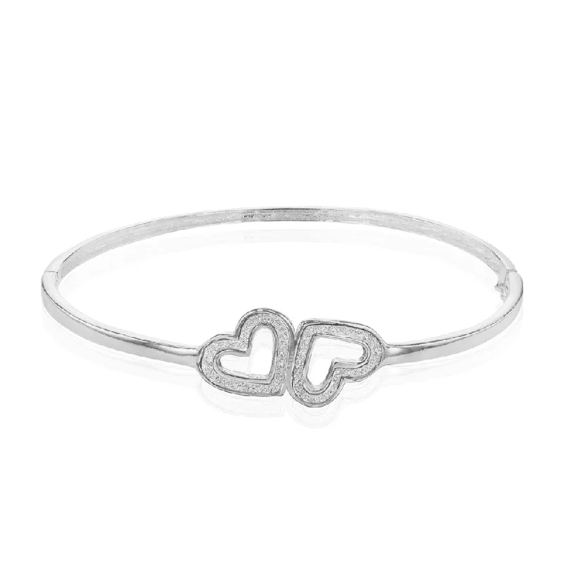 Women’s stacked bangle bracelets-Sterling Silver Stardust Double Heart Hinged Bangle