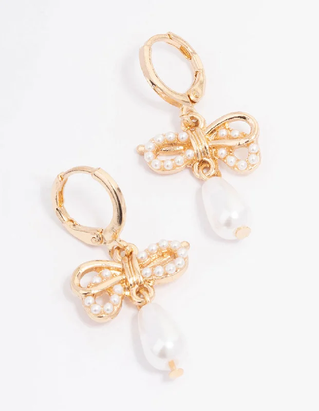 Women’s angel wings earrings-Gold Pearl Bow Drop Huggie Earrings