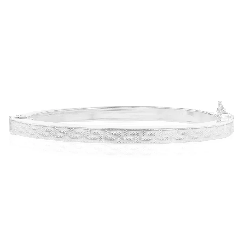 Women’s engraved bracelets-Sterling Silver Greek Key Hinged Bangle