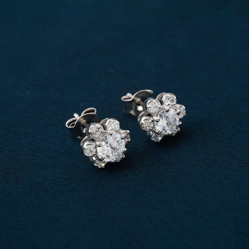 Women’s geometric statement earrings-Silver Floral Zircon Stud Earrings