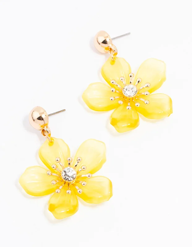 Women’s long dangling earrings-Yellow Gold Diamante Stapled Flower Drop Earrings