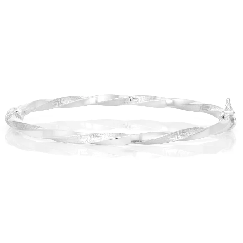 Women’s cubic zirconia bangles-Sterling Silver Greek Key Oval Hinged Bangle