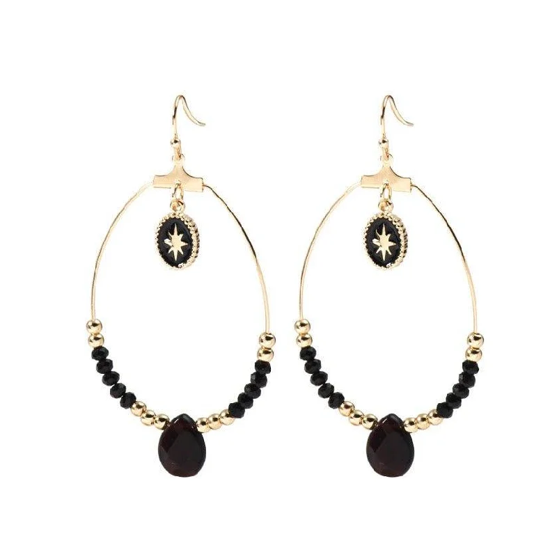 Women’s geometric earrings-Black and Gold Beaded Hoop Earrings