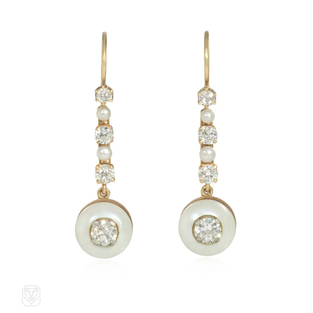 Women’s heart earrings-Antique diamond and button pearl earrings