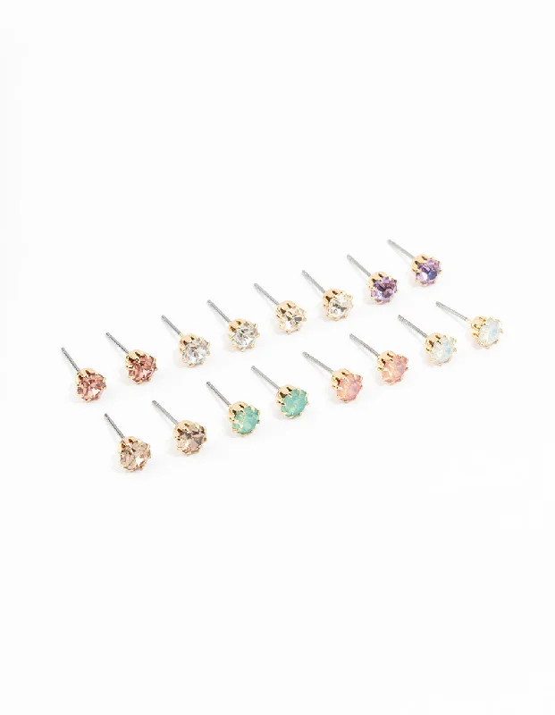 Women’s leaf earrings-Gold Pastel Diamante Stud Earrings 8-Pack