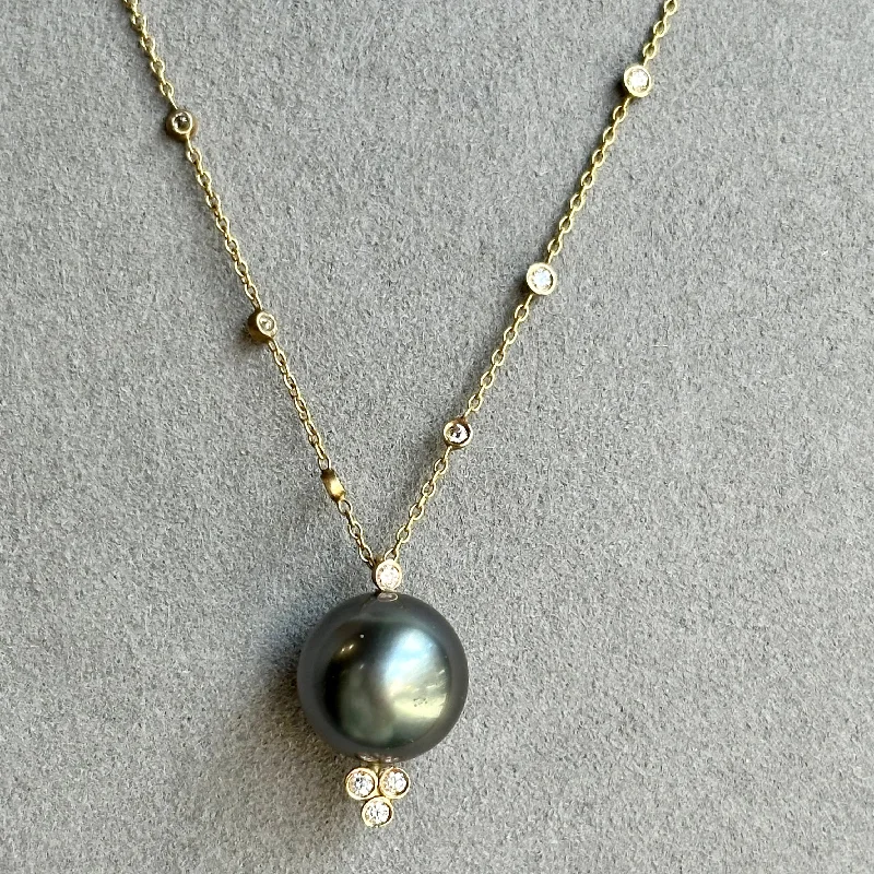 Women’s personalized initial necklaces-18K Yellow Gold Tahitian Pearl Necklace with Diamonds