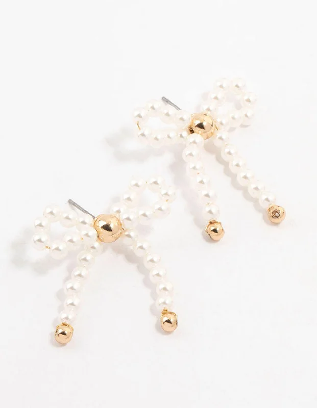 Women’s designer earrings-Gold Pearl Beaded Bow Stud Earrings