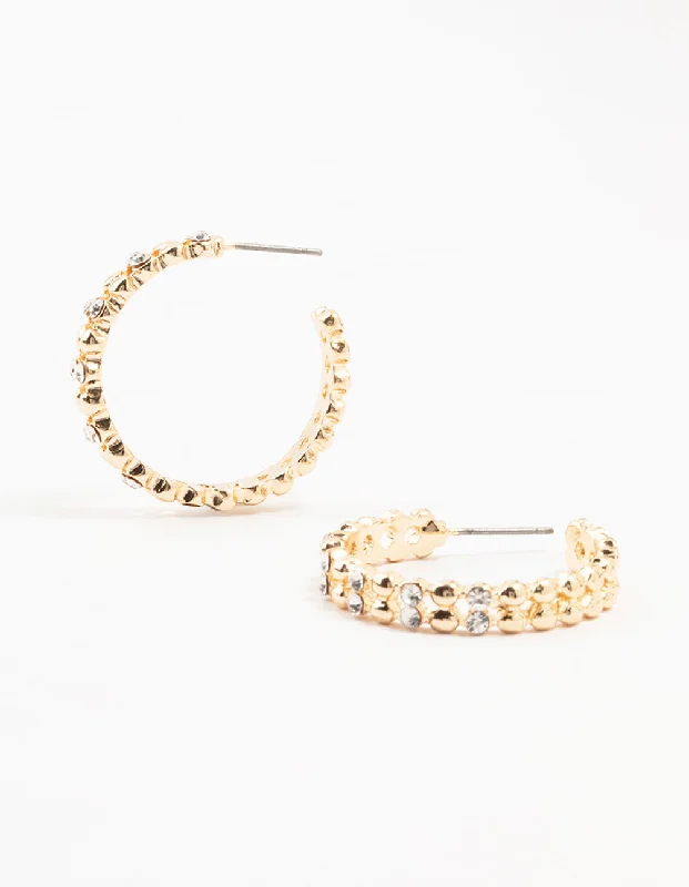 Women’s drop earrings-Gold Double Diamante Stapled Hoop Earrings