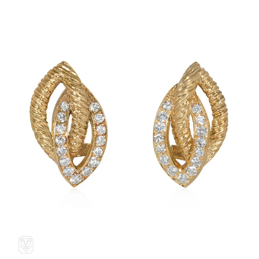 Women’s gold drop earrings with diamonds-1950s gold and diamond leaf earrings, Van Cleef & Arpels