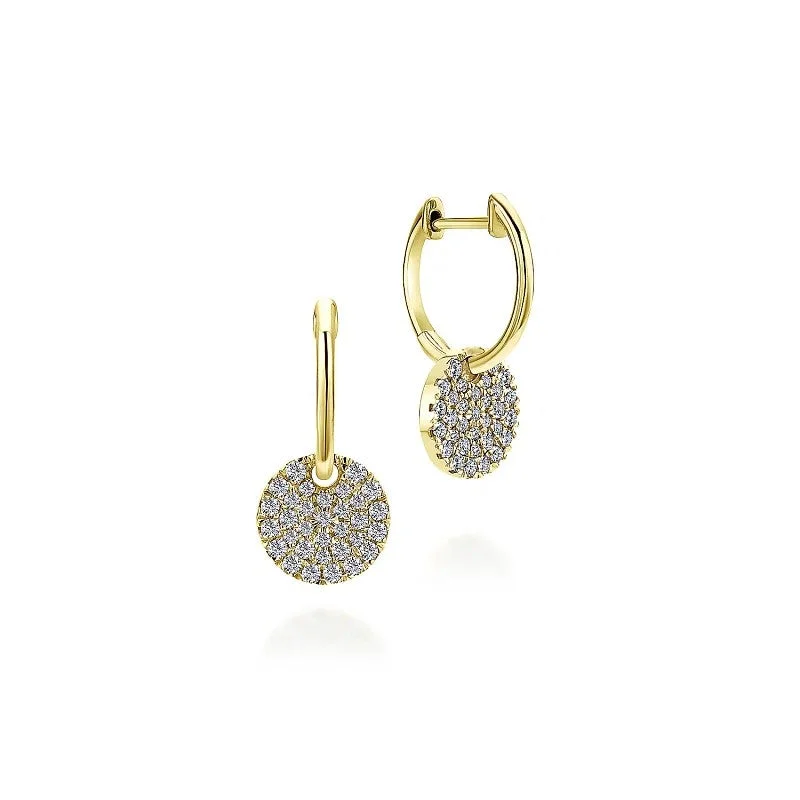 Women’s gemstone earrings-14K Yellow Gold Diamond Pave Disc Drop Earrings