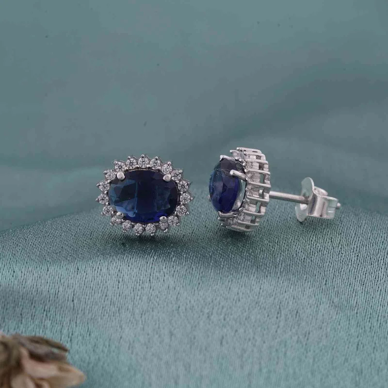 Women’s birthstone earrings-Silver Royal Blue Halo Studs For Girls