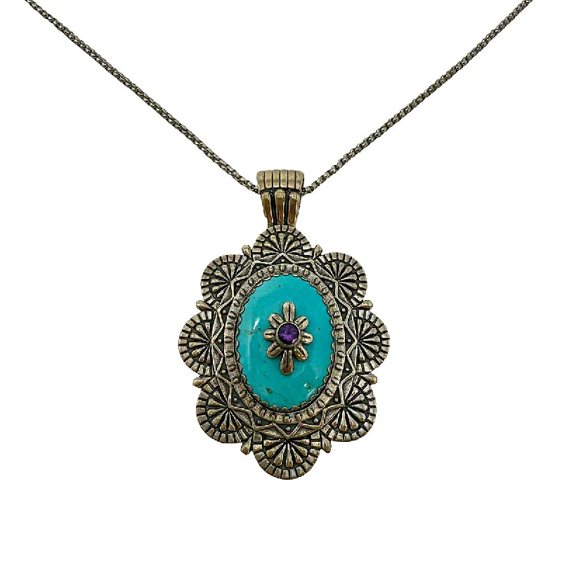 Women’s engraved necklaces-15" Ball Chain Necklace with Oval Pendant with Turquoise