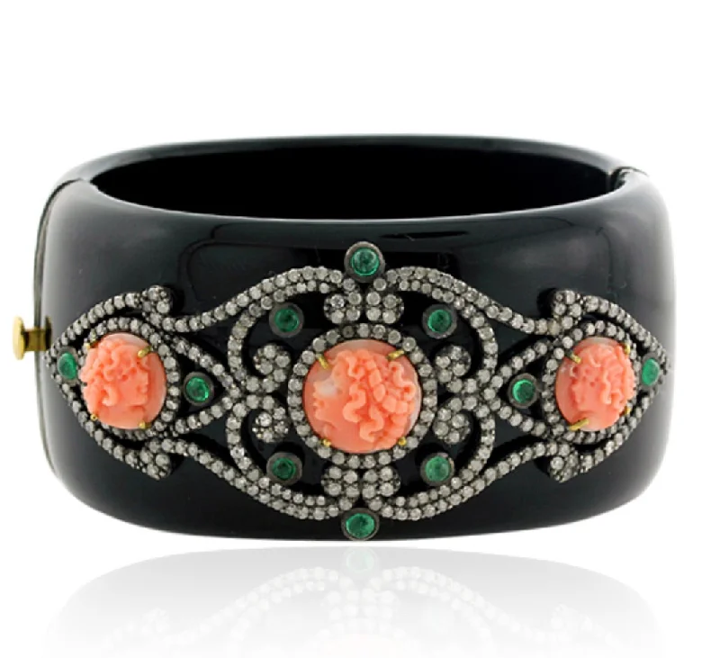 Women’s rose gold bracelets-Carved Coral & Diamond Bakelite Bangle