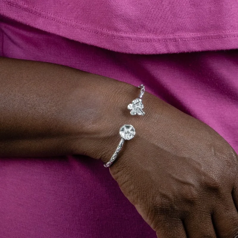 Women’s custom engraved bangles-Light Hibiscus Flower and Steel Pan Bangle with Diamante Pattern