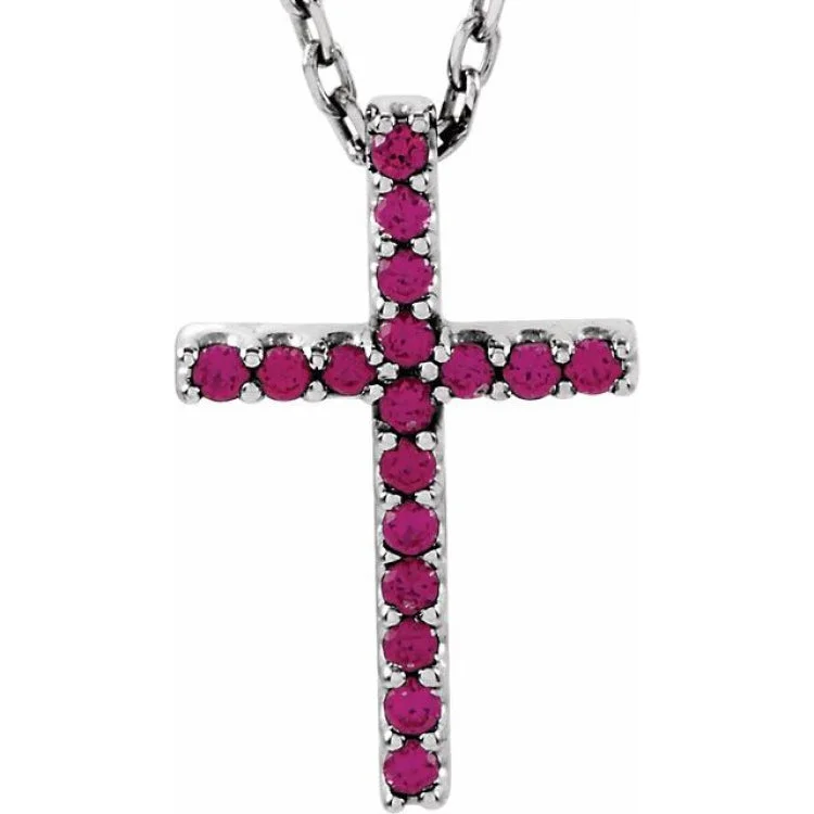 Women’s romantic necklaces-14K White Natural Ruby Petite Cross 16" Necklace