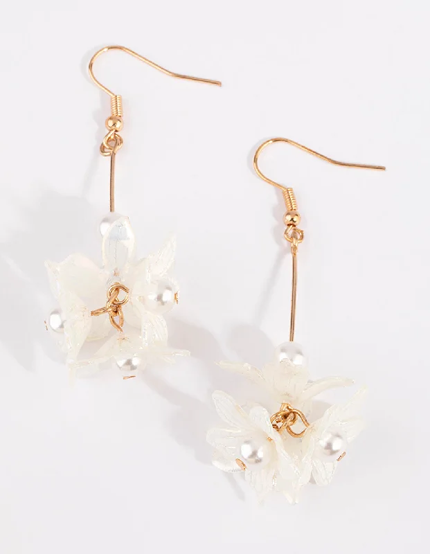 Women’s handmade earrings-Gold Flower Bar with Pearl Earrings