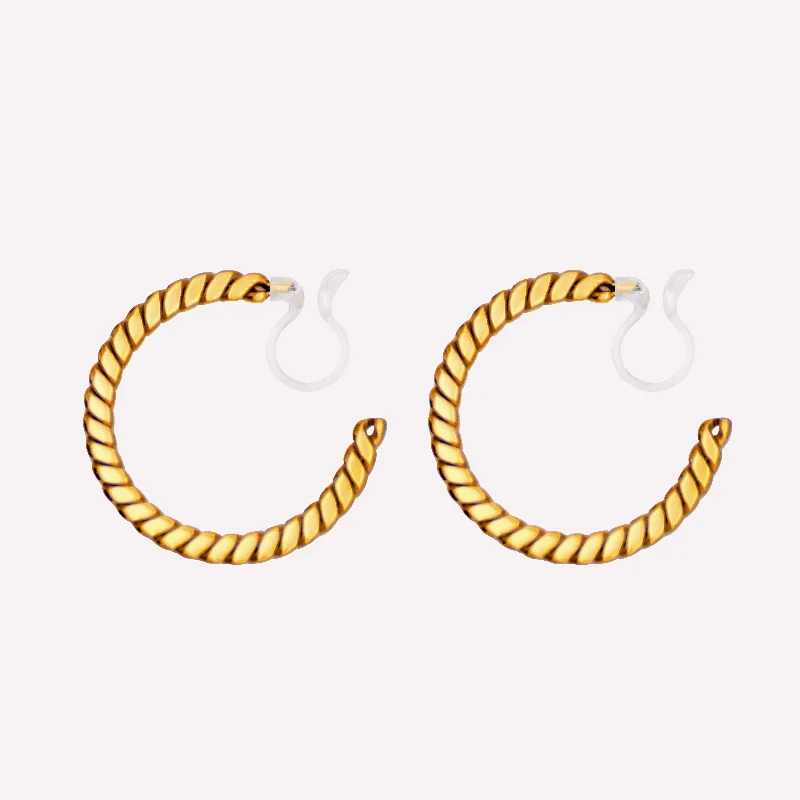 Women’s rectangular earrings-FLAT TWIST HOOP CLIP-ON EARRINGS IN GOLD