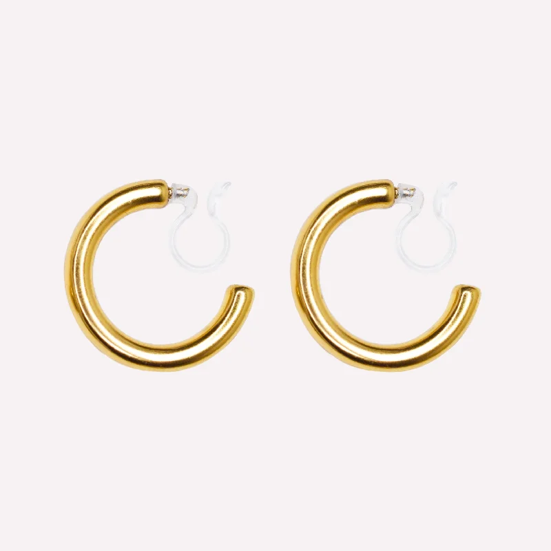 Women’s long dangling earrings-HOLLOW CHUNKY MEDIUM HOOP CLIP-ON EARRINGS IN GOLD