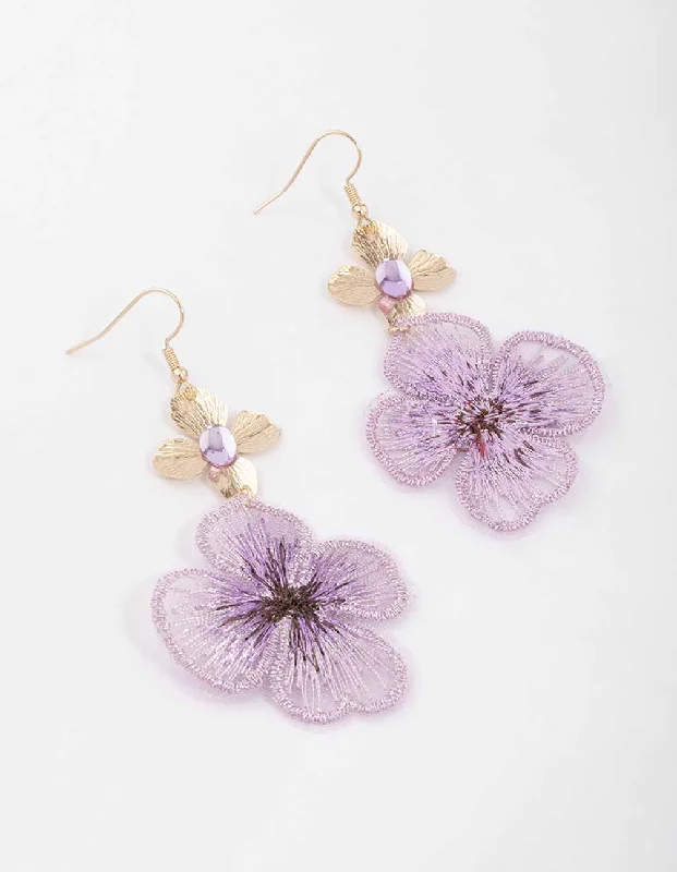 Women’s emerald earrings-Purple Multi Fabric Flower Drop Earrings