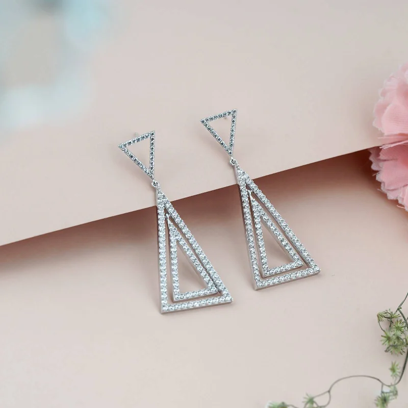 Women’s large statement earrings-Silver Triangle Dangle Drop Earrings