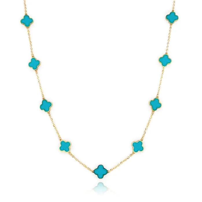 Women’s gemstone drop necklaces-14k Gold & Turquoise Clover Station Necklace