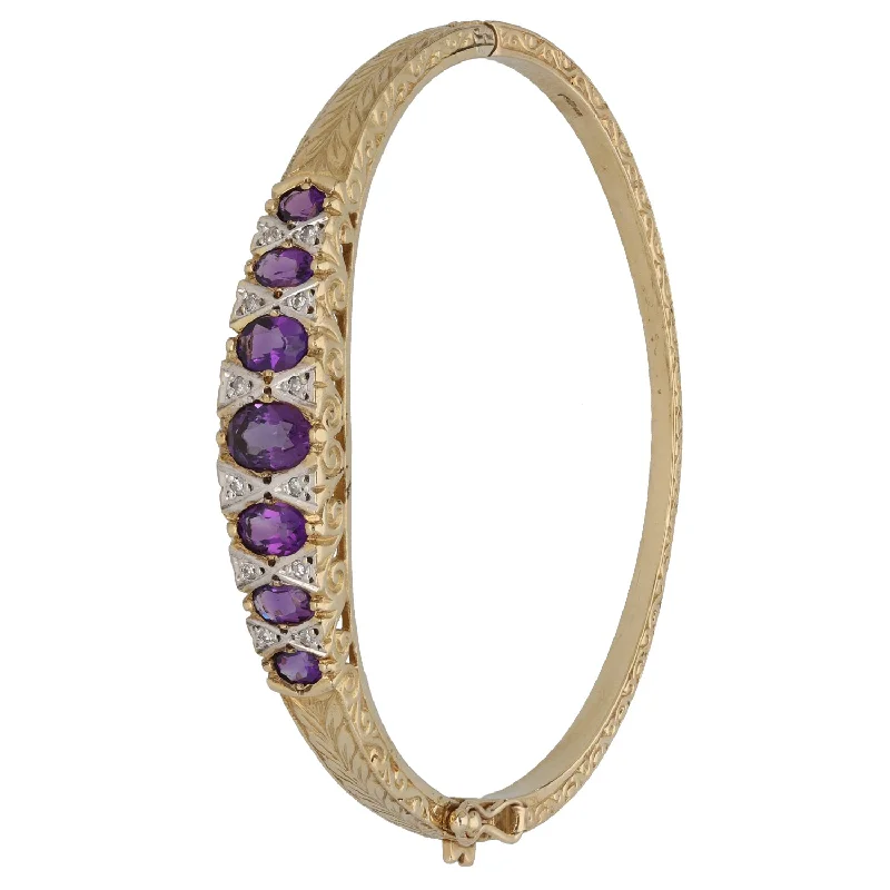 Women’s sparkly cuff bracelets-9ct Gold Amethyst & 0.12ct Diamond Hinged/Clasp Bangle