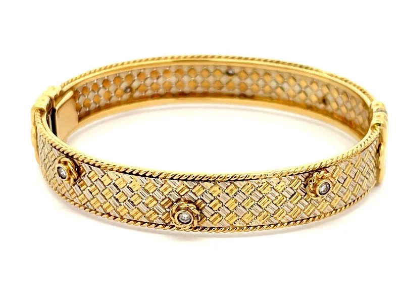 Women’s gold bangles with diamonds-Two Toned 18k Gold Hinged Flower Diamond Bangle