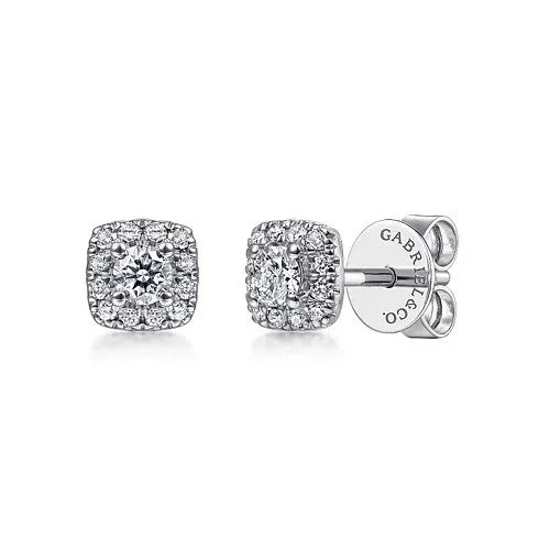 Women’s diamond hoop earrings-14K White Gold Cushion Halo Round Diamond Stud Earrings