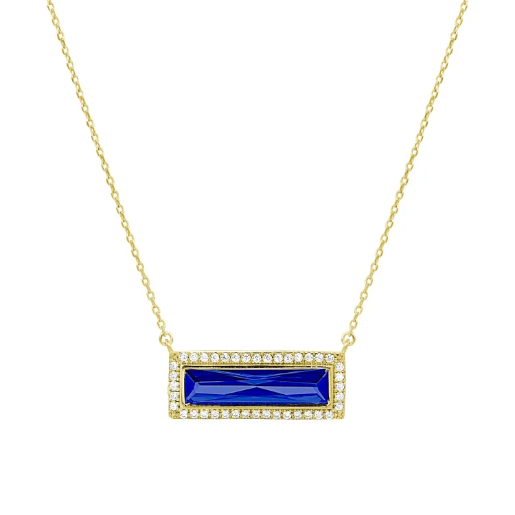 Women’s minimalist necklaces-Gold Finish Sterling Silver Necklace with Rectangular Simulated Sapphire Stone and Simulated Diamonds on 16" - 18" Chain