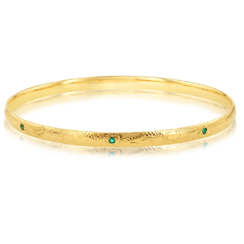 Women’s handmade bracelets-9ct Yellow Gold Hand Engraved Natural Emerald Oval 65mm Bangle