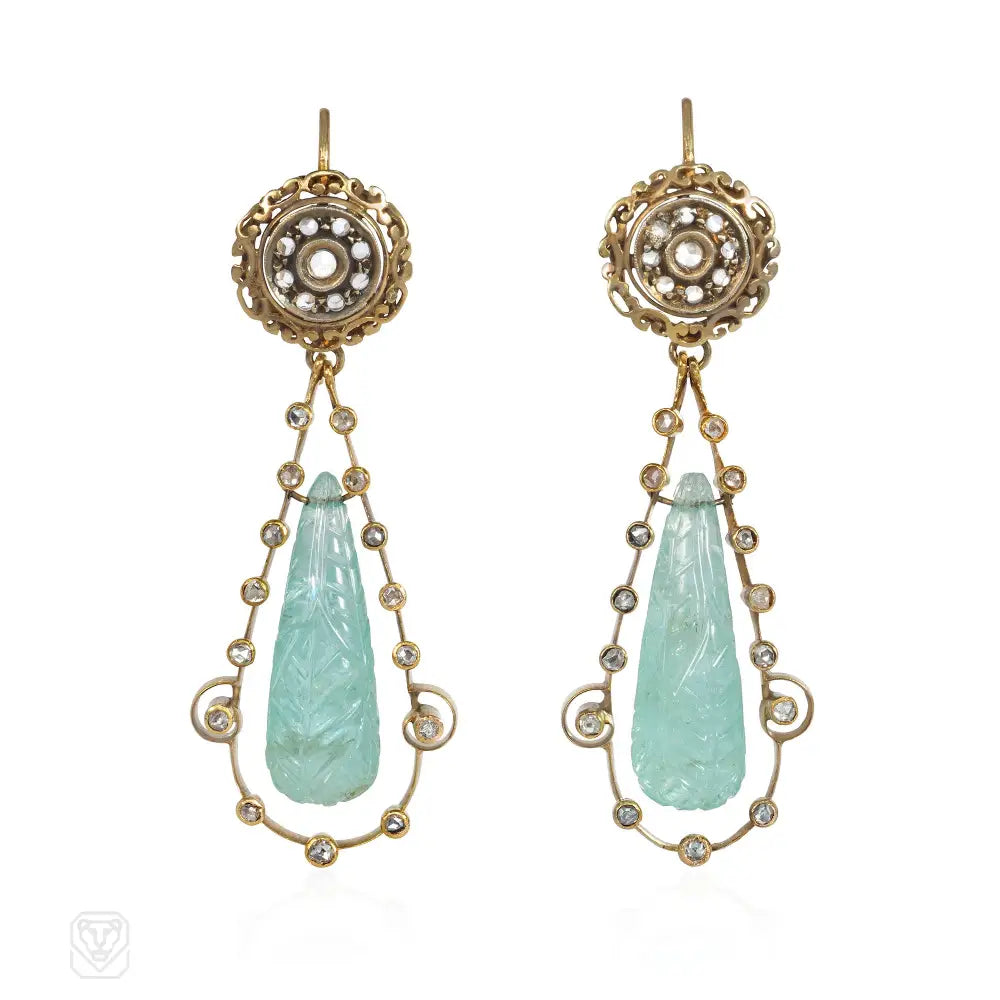 Women’s geometric statement earrings-Victorian aquamarine and diamond pendant earrings