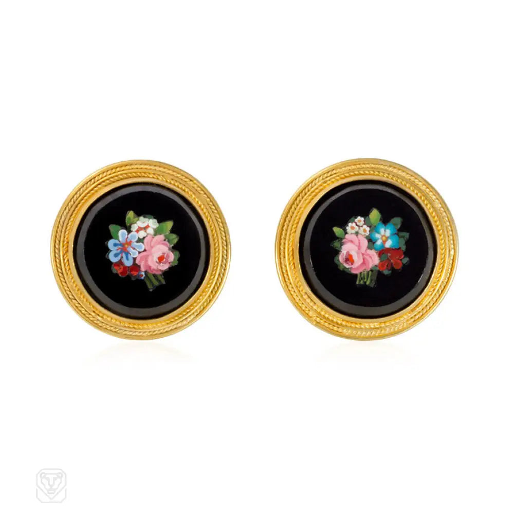 Women’s hoop earrings-Antique gold and micromosaic flower earrings